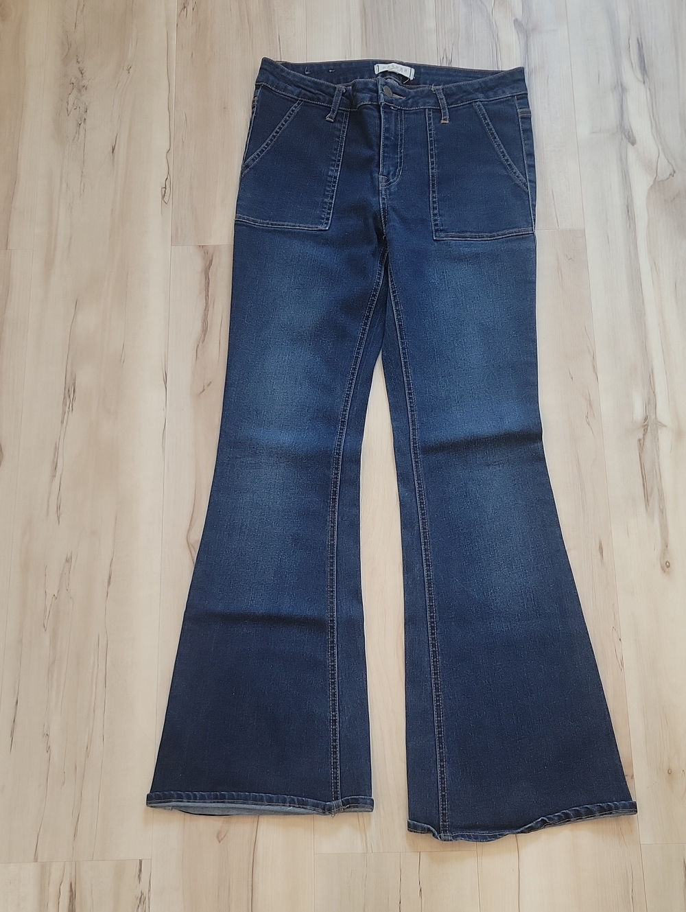 High-Rise Dark Blue Flare Jeans with Front Patch Pockets